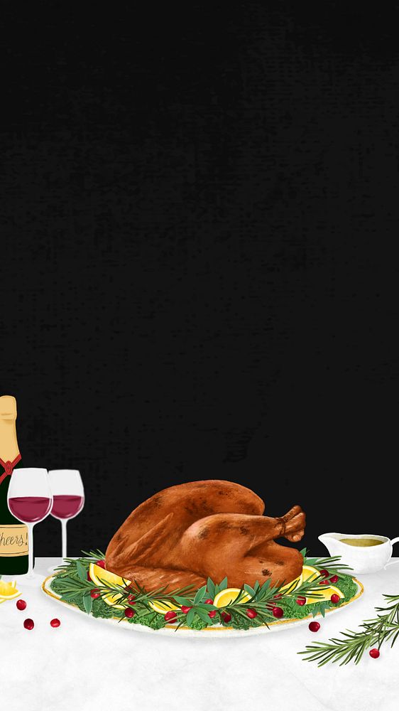 Thanksgiving dinner turkey iPhone wallpaper, Christmas food illustration, editable design