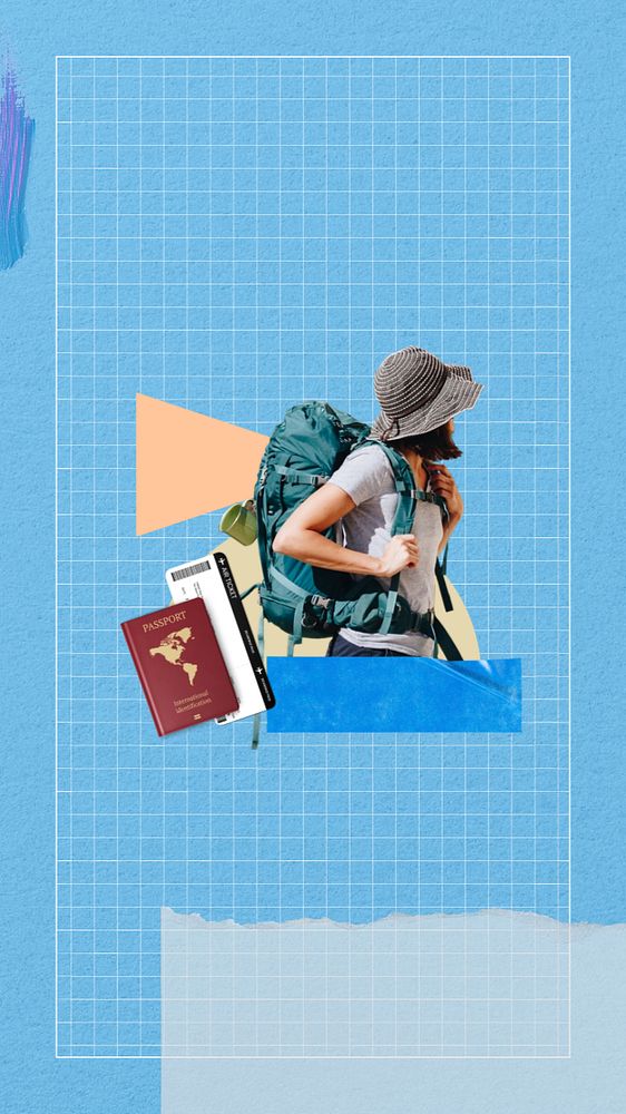 Woman backpacker aesthetic phone wallpaper, travel collage art, editable design