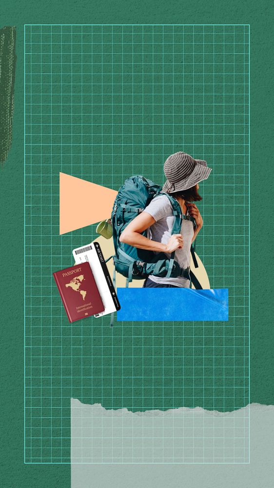 Woman backpacker aesthetic phone wallpaper, travel collage art, editable design