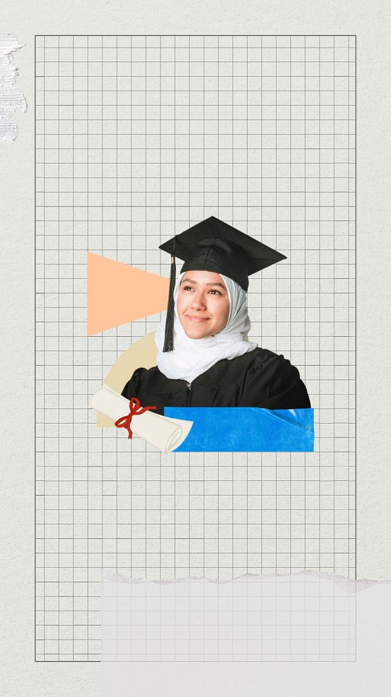 Smiling graduate phone wallpaper, education collage art, editable design