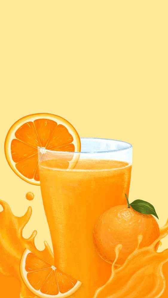 Orange juice splash phone wallpaper, healthy drink illustration, editable design