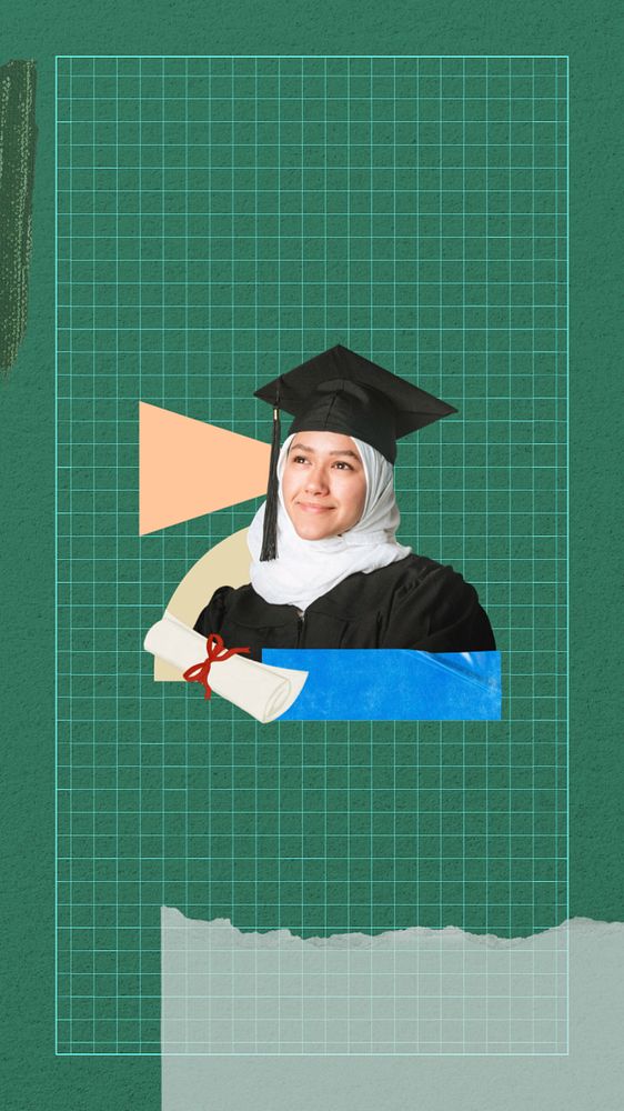 Smiling graduate phone wallpaper, education collage art, editable design