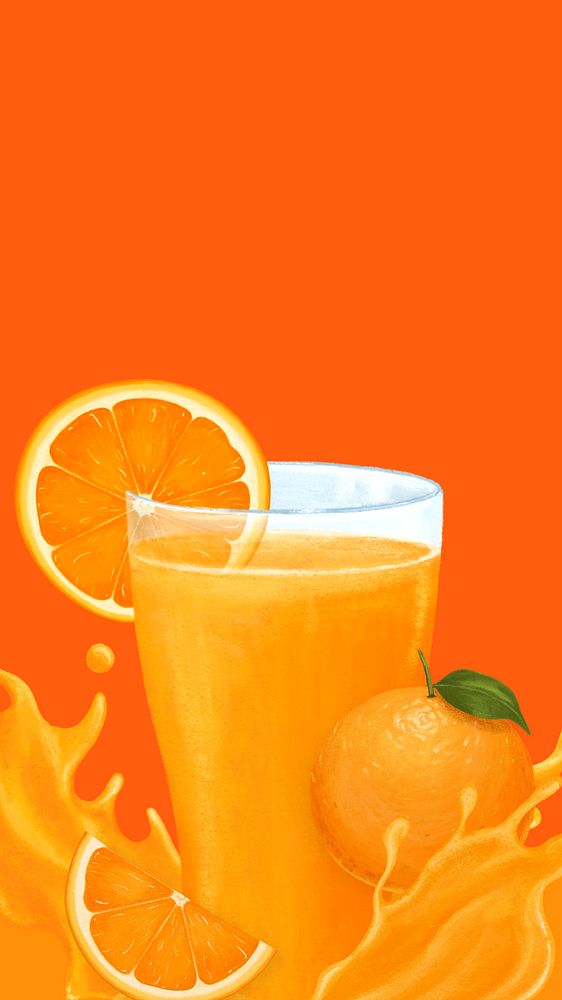 Orange juice splash phone wallpaper, healthy drink illustration, editable design