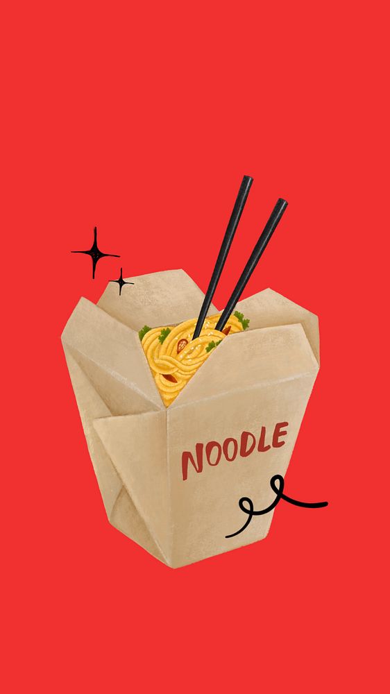 Chinese noodle takeaway phone wallpaper, Asian food illustration, editable design