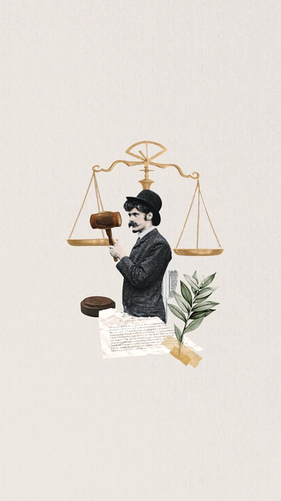 Scale of justice iPhone wallpaper, man holding gavel editable collage. Remixed by rawpixel.