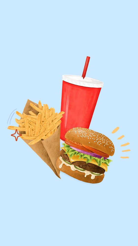 Cheeseburger & fries iPhone wallpaper, fast food illustration, editable design