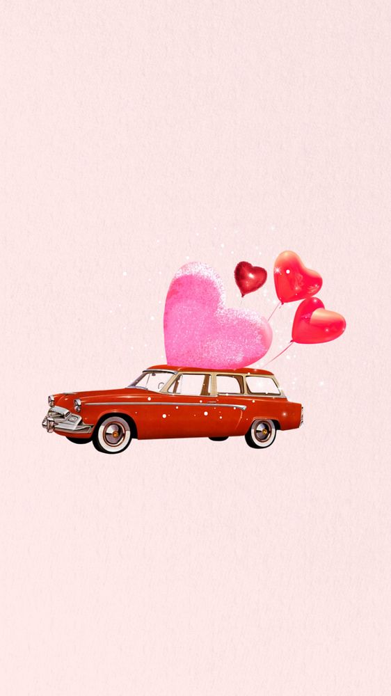 Valentine's balloon car mobile wallpaper, editable aesthetic collage