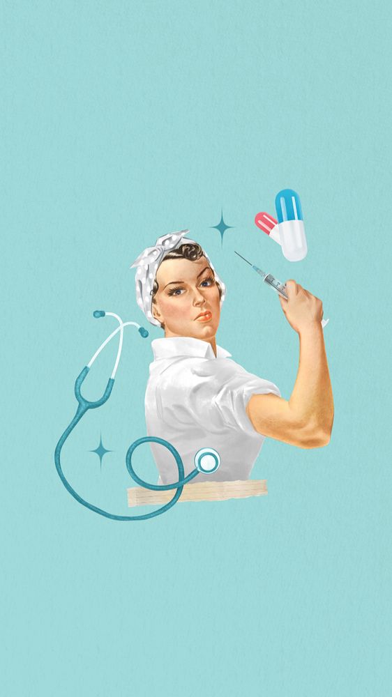 Vintage nursing medicine phone wallpaper, editable woman illustration. Remixed by rawpixel.