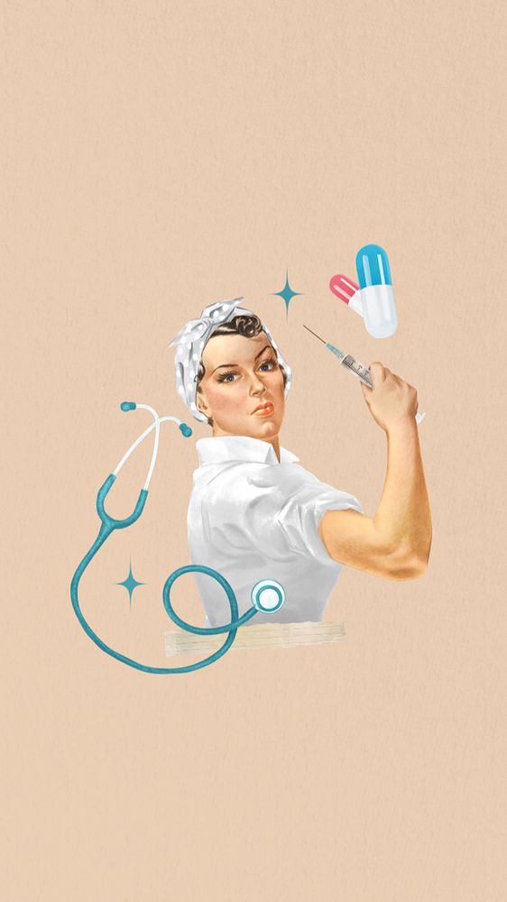 Vintage nursing medicine phone wallpaper, editable woman illustration. Remixed by rawpixel.