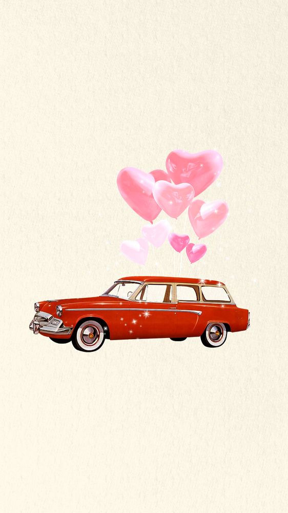 Valentine's balloon car mobile wallpaper, editable aesthetic collage