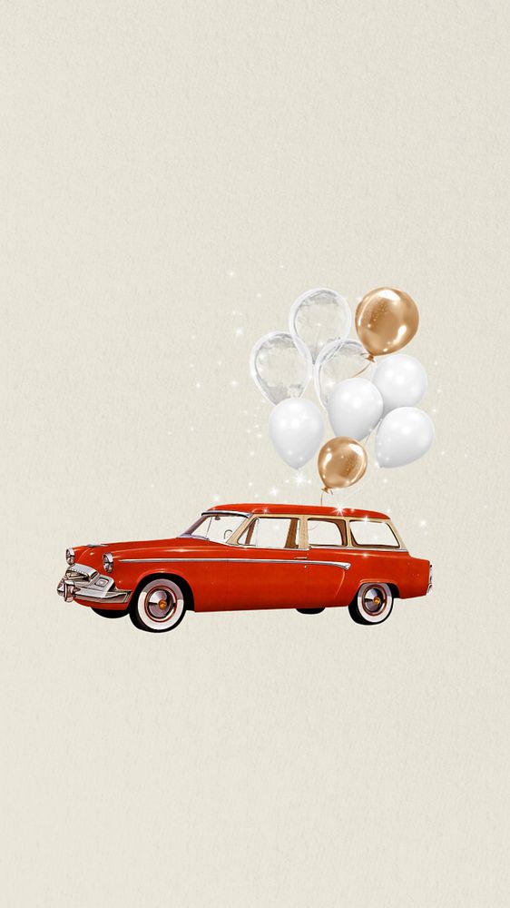 Birthday balloon car mobile wallpaper, editable aesthetic collage