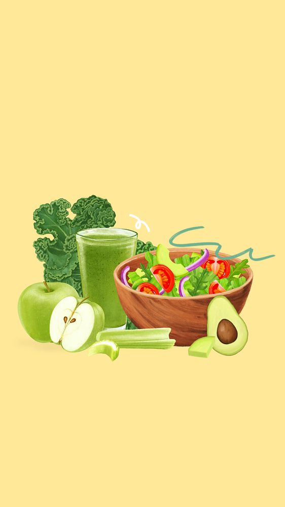 Healthy salad bowl iPhone wallpaper, food illustration, editable design