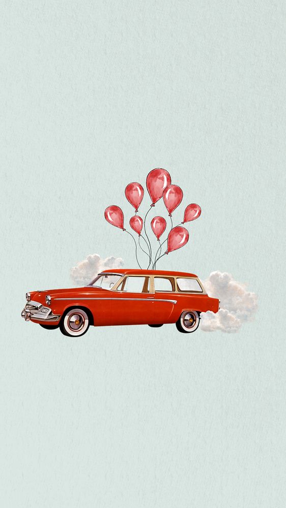 Birthday balloon car mobile wallpaper, editable aesthetic collage