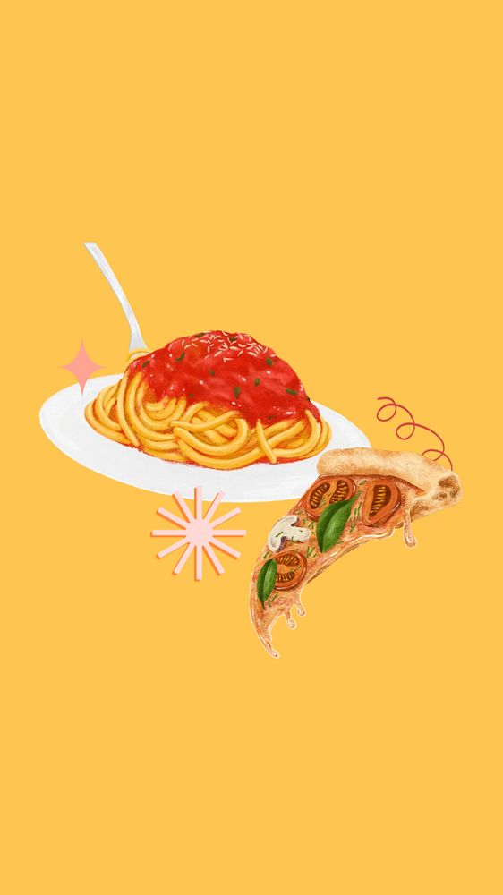 Pizza & spaghetti phone wallpaper, Italian food illustration, editable design