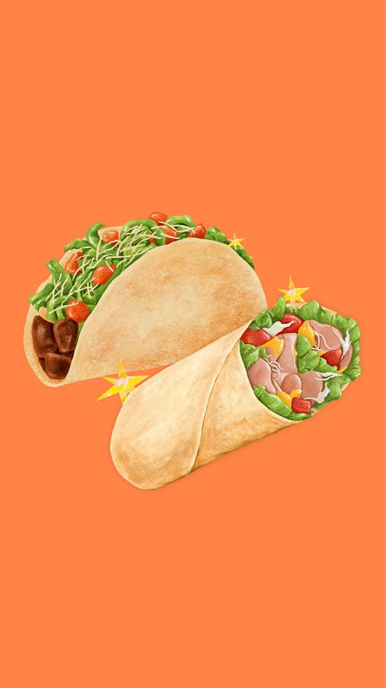 Salad wrap & taco phone wallpaper, Mexican food illustration, editable design