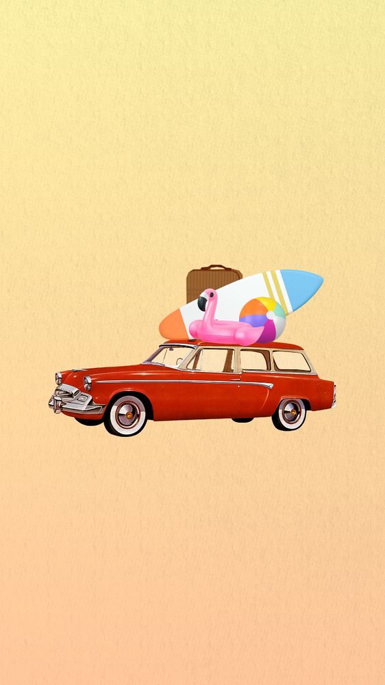 Summer vacation car mobile wallpaper, editable aesthetic collage