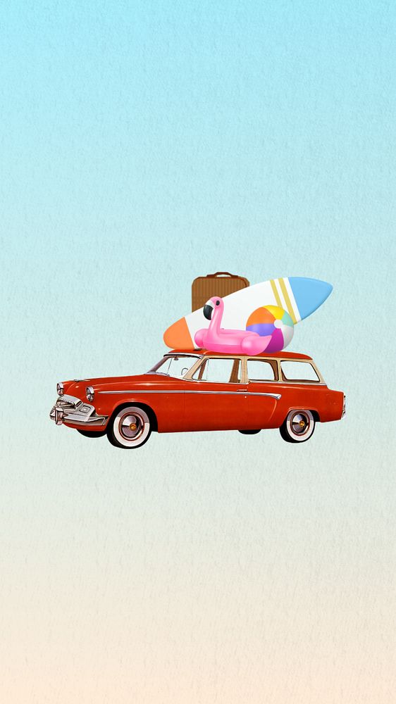 Summer vacation car mobile wallpaper, editable aesthetic collage