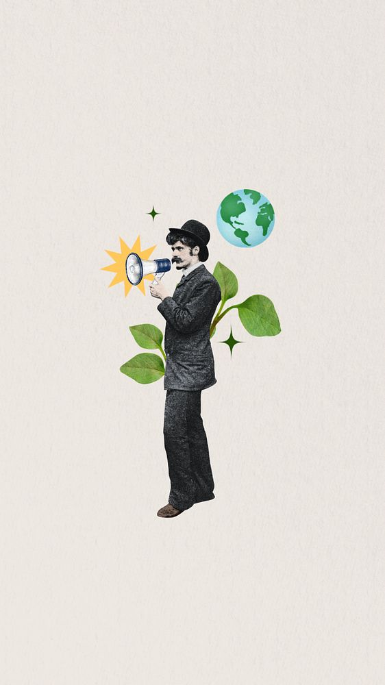 Environmentalist man iPhone wallpaper, editable vintage collage. Remixed by rawpixel.