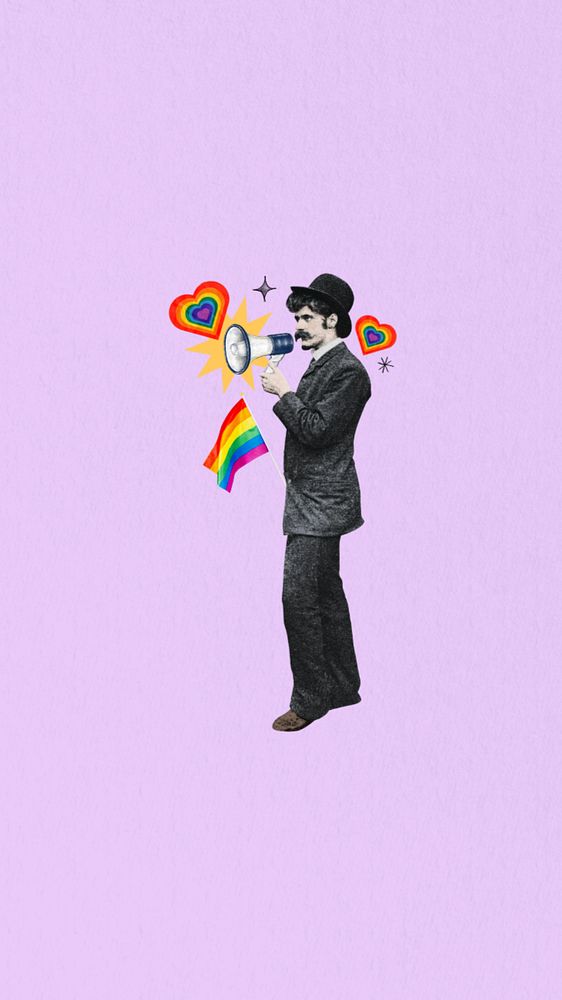 LGBTQ pride flag iPhone wallpaper, editable man holding megaphone collage. Remixed by rawpixel.