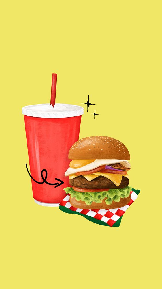 Cheeseburger & soda iPhone wallpaper, fast food illustration, editable design