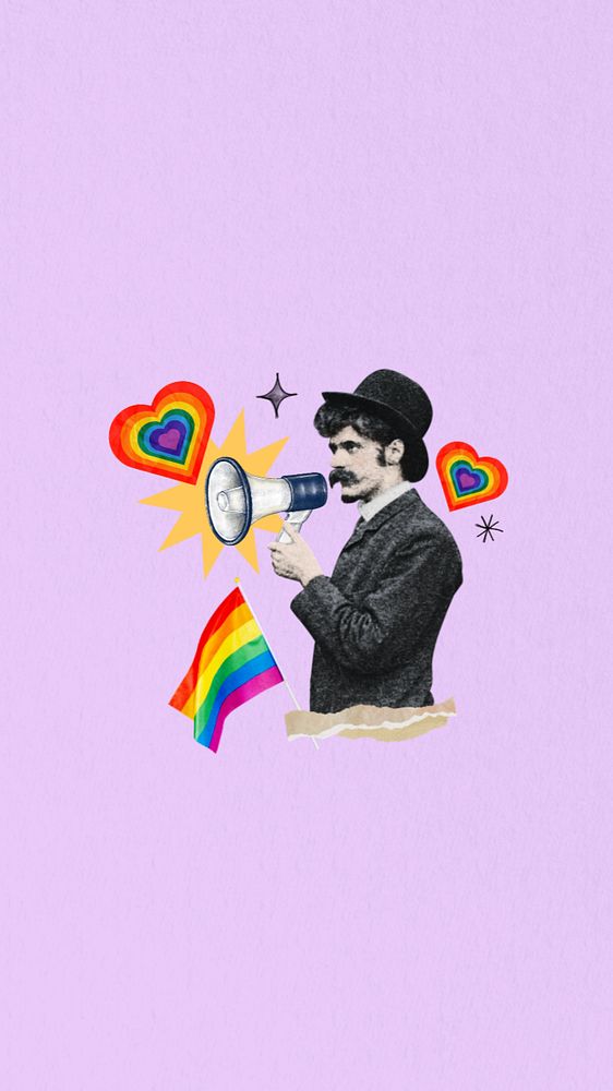 LGBTQ pride flag iPhone wallpaper, man holding megaphone editable collage. Remixed by rawpixel.