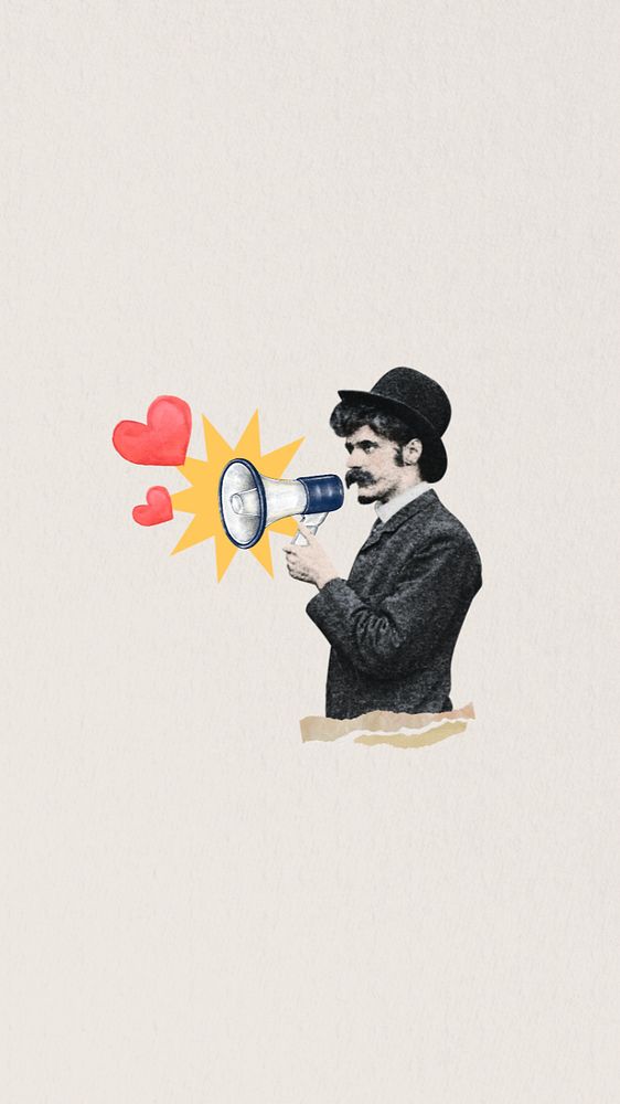 Valentine's celebration iPhone wallpaper, man holding megaphone editable collage. Remixed by rawpixel.