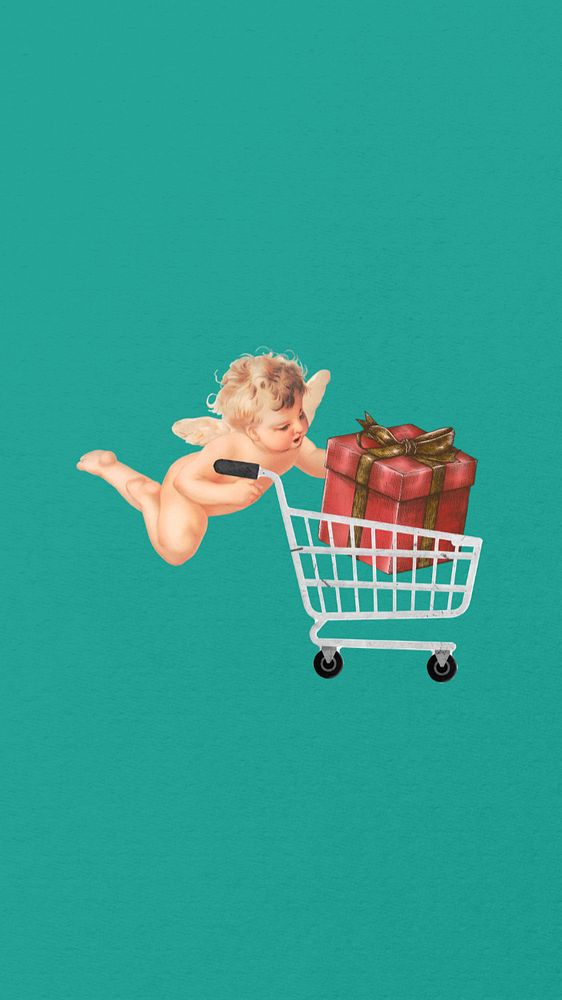 Birthday gift shopping phone wallpaper, editable cupid collage. Remixed by rawpixel.