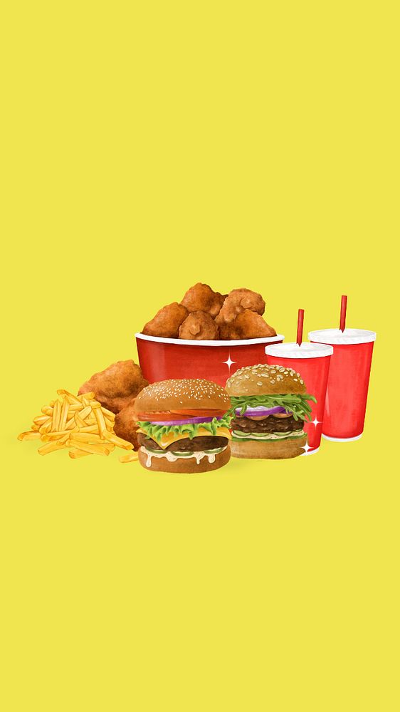 Yummy fast food phone wallpaper, burger, fried chicken & fries, editable design