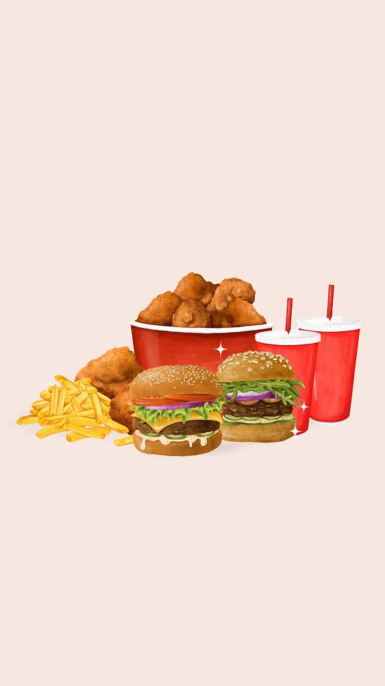 Yummy fast food phone wallpaper, burger, fried chicken & fries, editable design