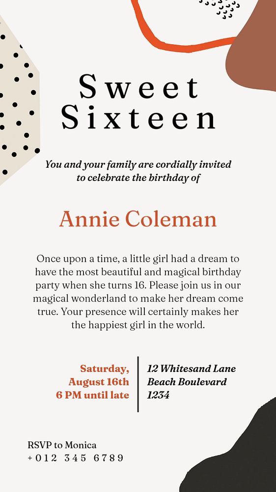 Sweet sixteen party Instagram story template, editable text