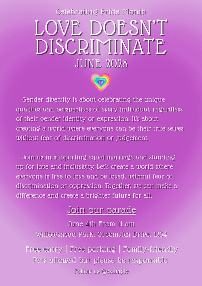 Pride parade poster template, editable text and design