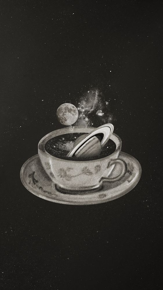 Saturn in coffee cup iPhone wallpaper, surreal escapism editable remix