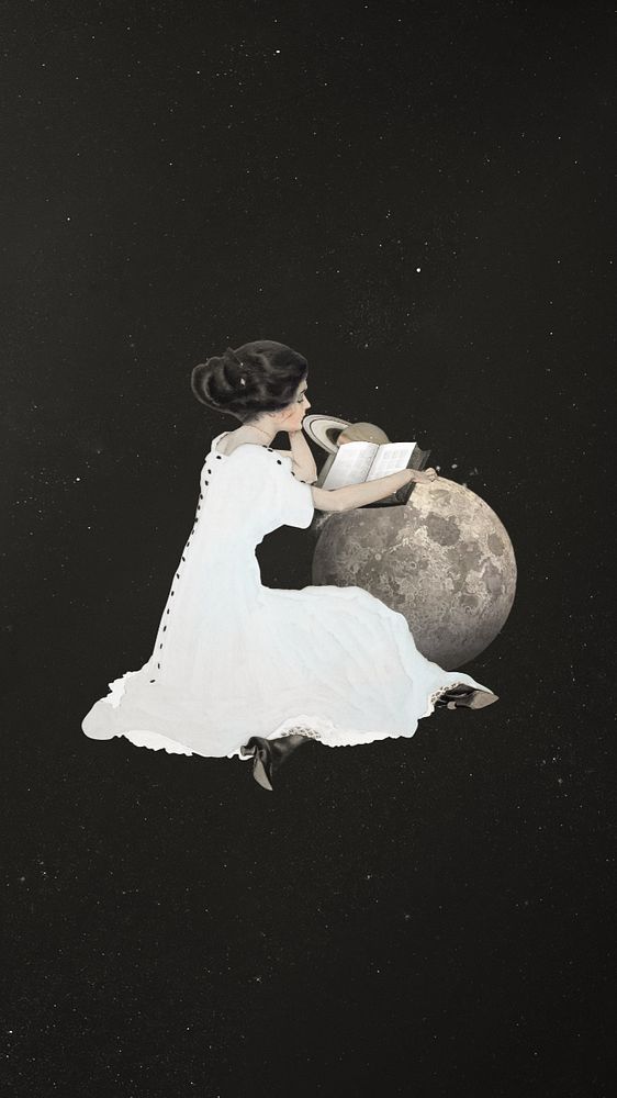 Girl reading on moon iPhone wallpaper, surreal education editable remix