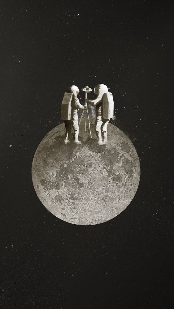 Astronauts taking photo iPhone wallpaper, moon galaxy editable remix