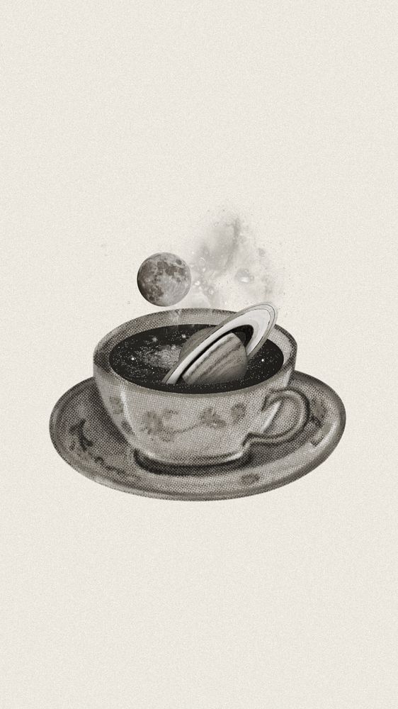 Saturn in coffee cup iPhone wallpaper, surreal escapism editable remix