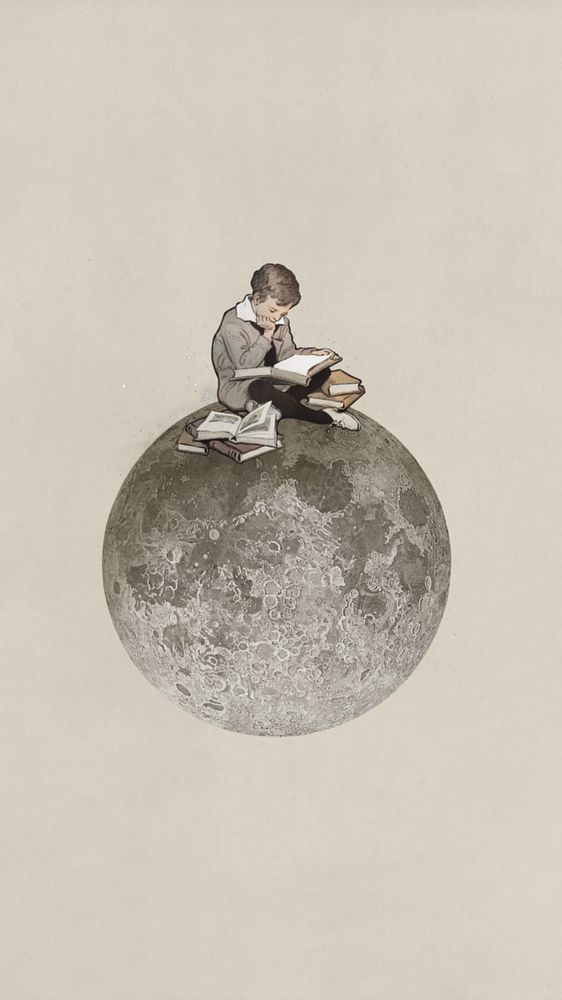 Boy reading on moon iPhone wallpaper, surreal education editable remix