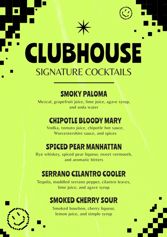 Cocktail menu poster template, editable text and design