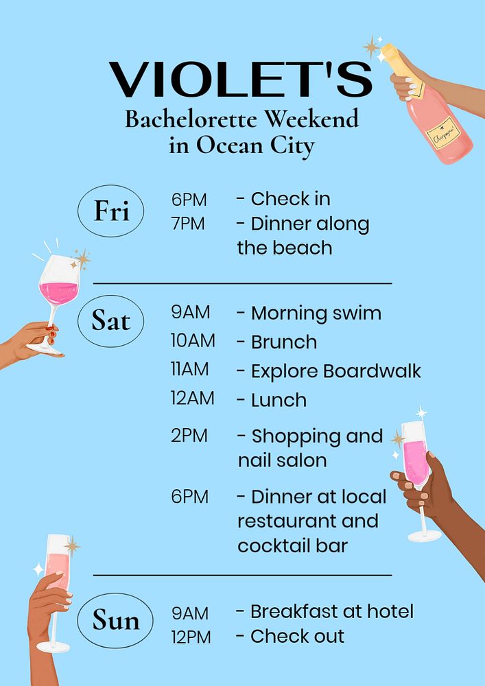 Bachelorette weekend itinerary poster template, editable text and design