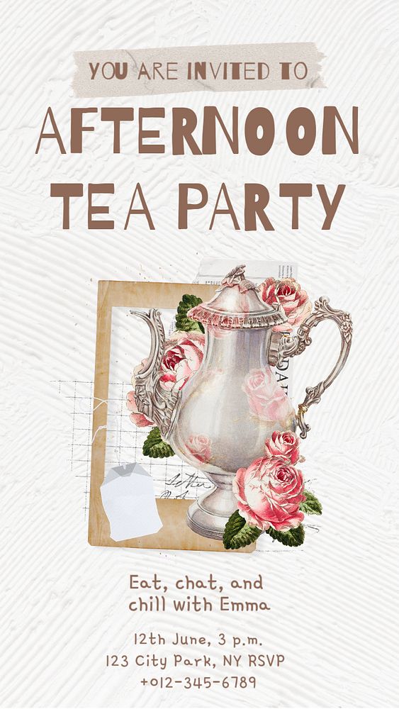 Tea party invitation  Instagram story template, editable text