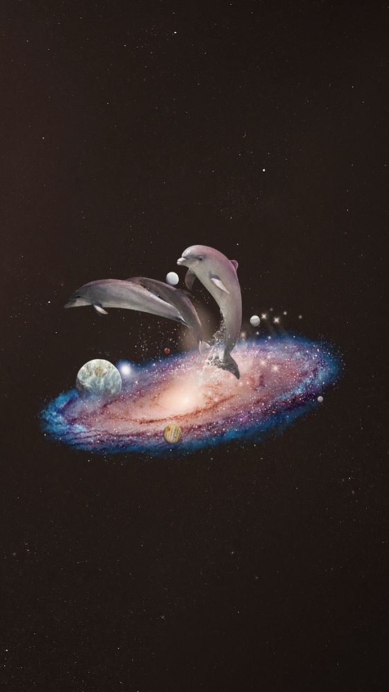 Swimming dolphins iPhone wallpaper, galaxy aesthetic editable remix