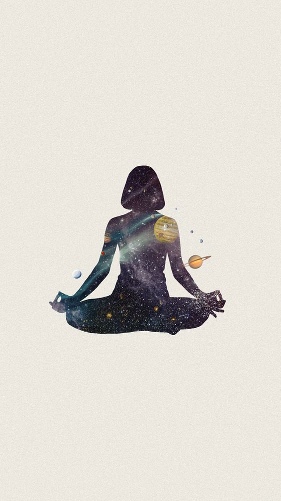 Meditating woman iPhone wallpaper, galaxy silhouette editable remix