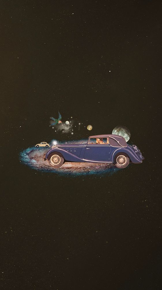 Car in space iPhone wallpaper, galaxy travel aesthetic editable remix