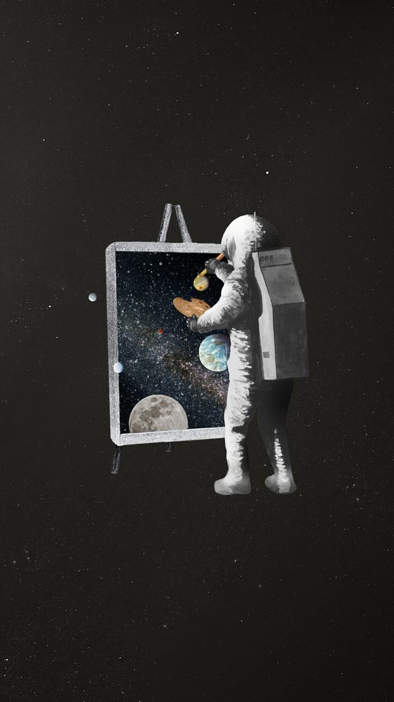 Astronaut painting canvas iPhone wallpaper, surreal galaxy editable remix