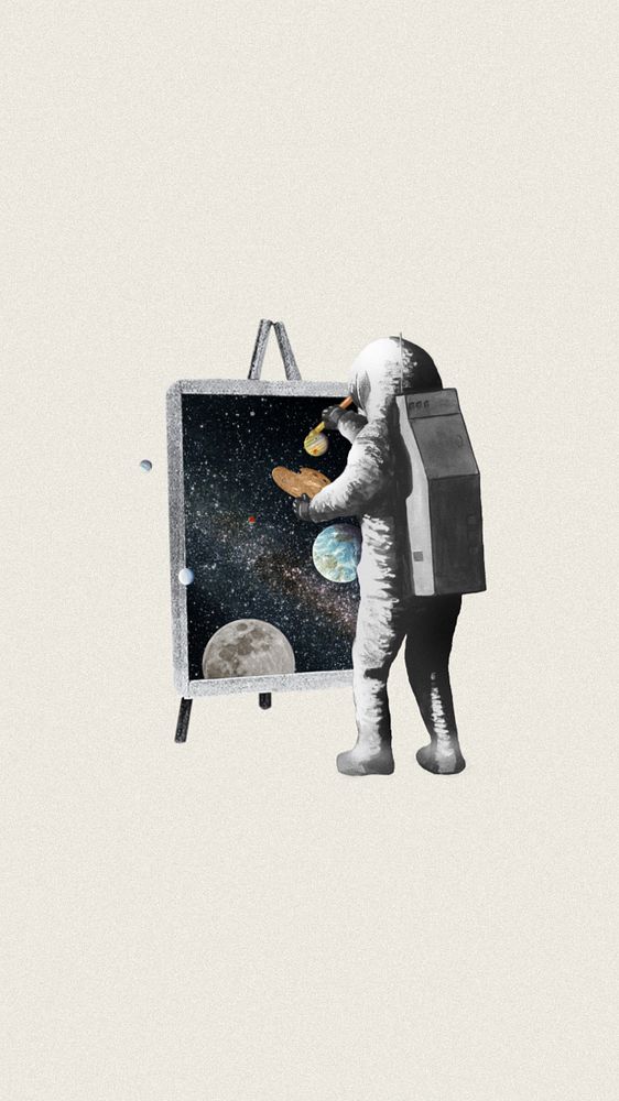 Astronaut painting canvas iPhone wallpaper, surreal galaxy editable remix