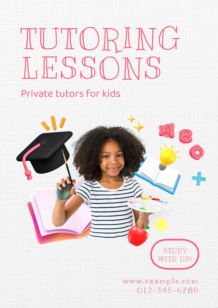 Tutoring lessons poster template, editable text and design