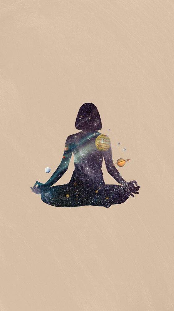 Meditating woman iPhone wallpaper, galaxy silhouette editable remix