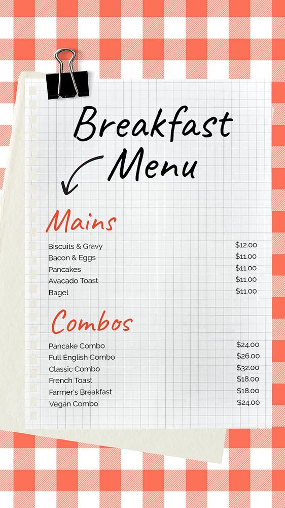 Breakfast menu Instagram story template, editable text