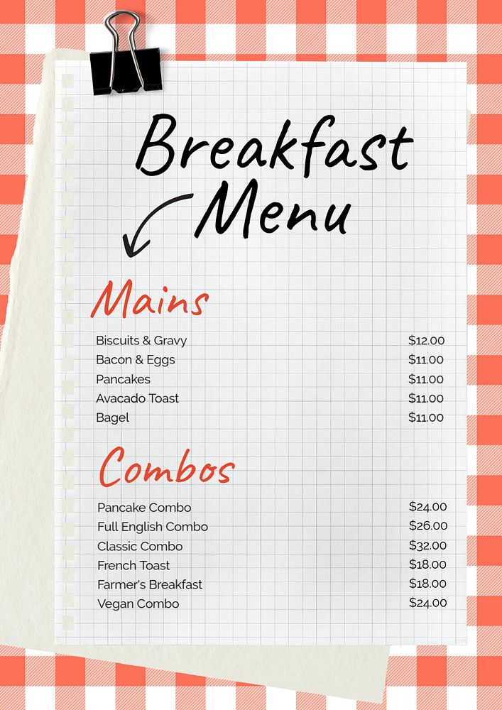 Breakfast menu poster template, editable text and design