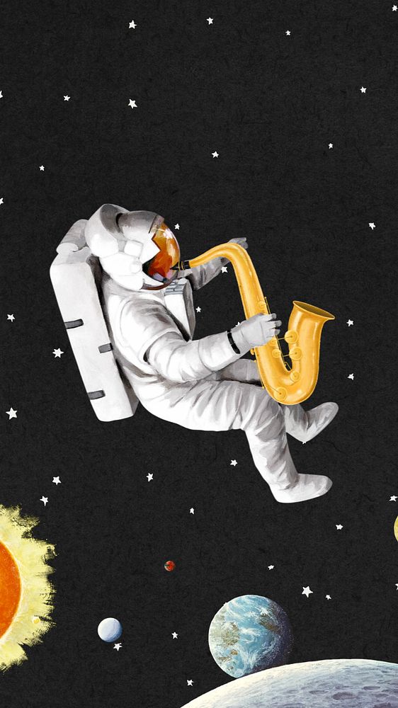 Astronaut playing saxophone iPhone wallpaper, outer space aesthetic