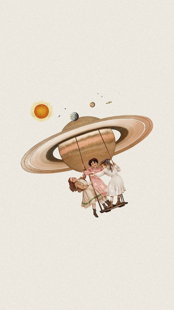 Little girls playing swing iPhone wallpaper, space aesthetic editable remix